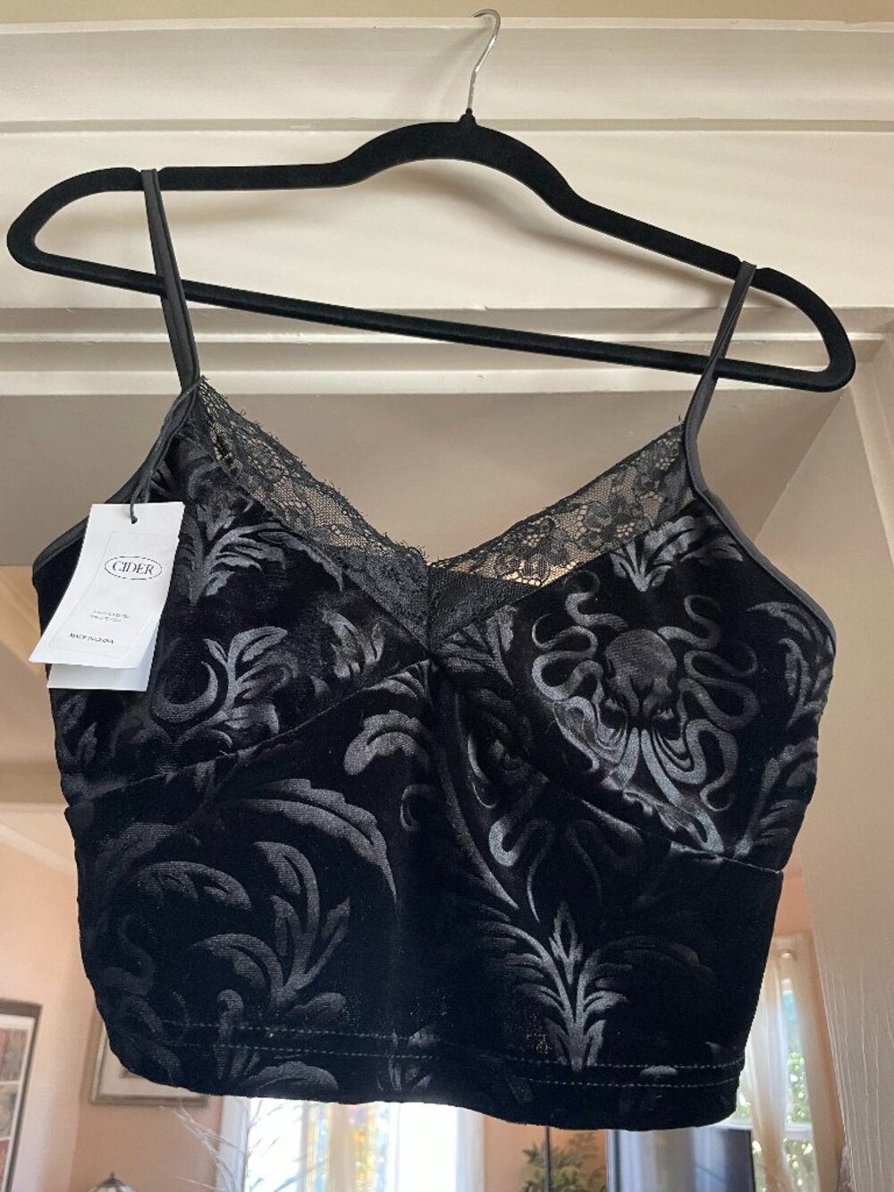 Cider Cropped Velvet and Lace Camisole Top - M